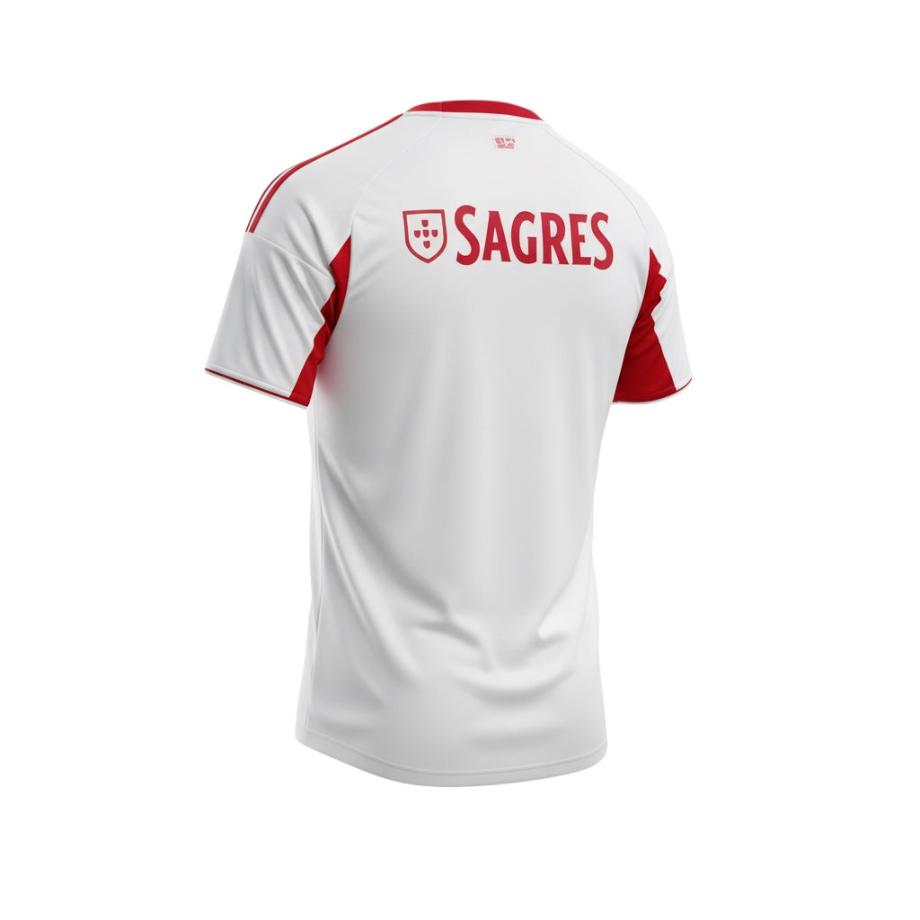 Hinchas Sportswear Store white SL Benfica 2025/26 away jersey with red accents and Sagres sponsor. Features Adidas stripes and crest.
