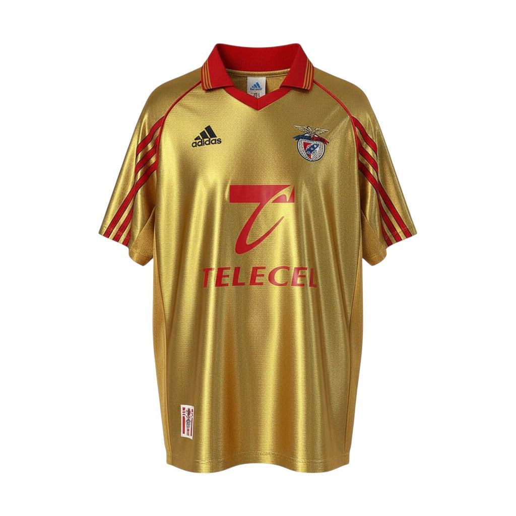 Hinchas Sportswear Store SL Benfica 98/99 retro away jersey, gold metallic with red Adidas stripes and collar, Telecel sponsor.
