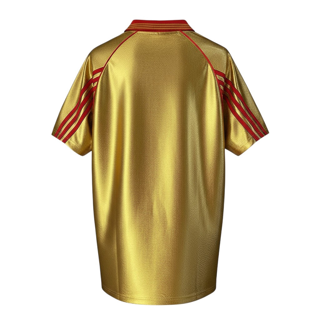 Hinchas Sportswear Store SL Benfica 98/99 retro away jersey, shimmering gold with red Adidas stripes and collar trim.