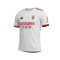 Hinchas Sportswear Store SL Benfica 2025/26 white away jersey with red accents, checkered pattern, and embroidered crest.