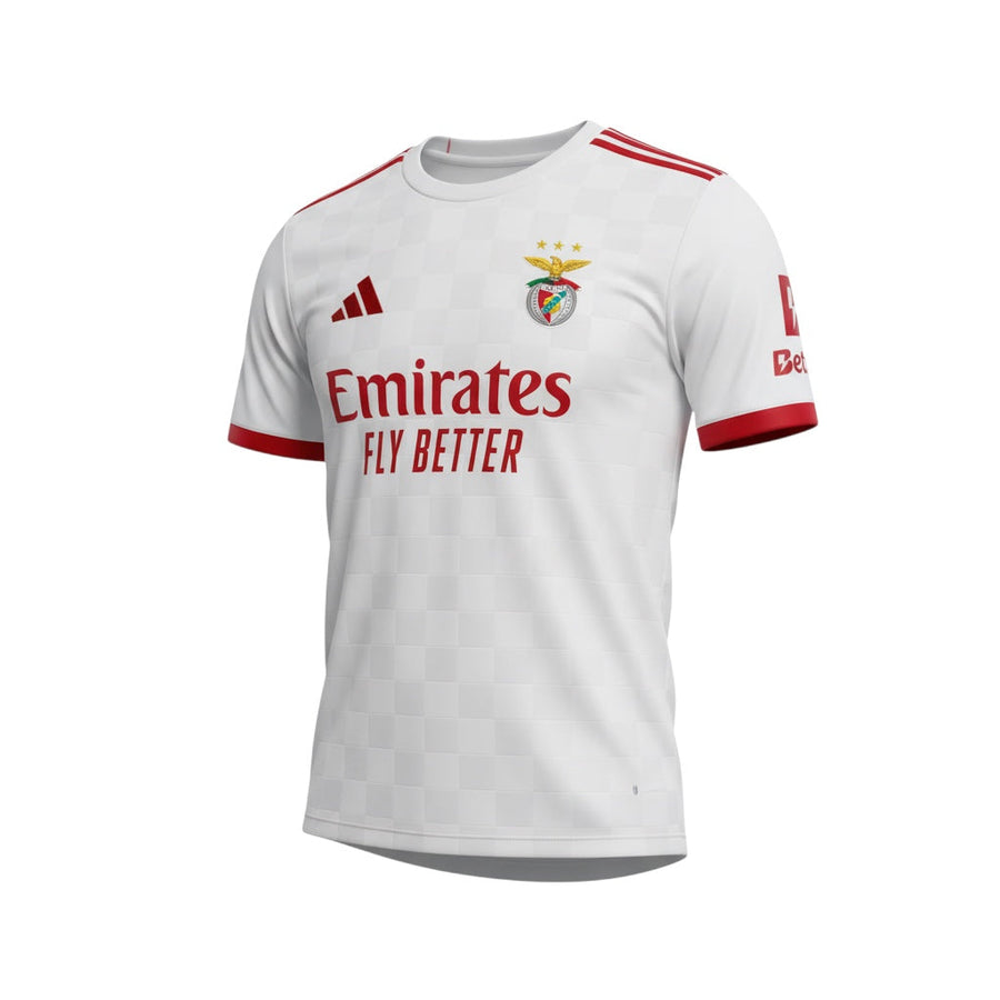 Hinchas Sportswear Store SL Benfica 2025/26 white away jersey with red accents, checkered pattern, and embroidered crest.