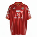 Hinchas Sportswear Store SL Benfica 98/99 retro red football jersey with Telecel sponsor, gold trim polo collar, and white Adidas stripes.