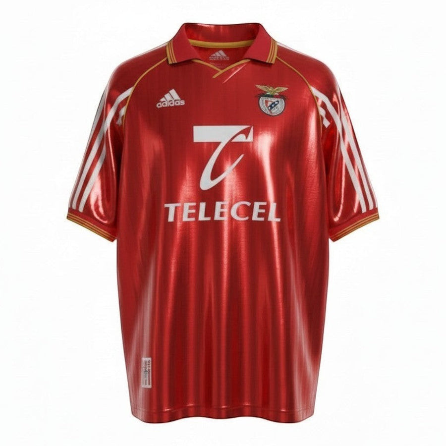 Hinchas Sportswear Store SL Benfica 98/99 retro red football jersey with Telecel sponsor, gold trim polo collar, and white Adidas stripes.