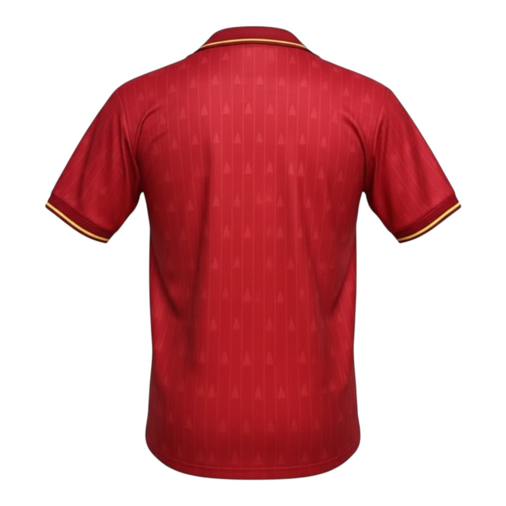 Hinchas Sportswear Store red Spain 1988-91 retro home jersey with jacquard pattern and tricolor trim on collar and cuffs.