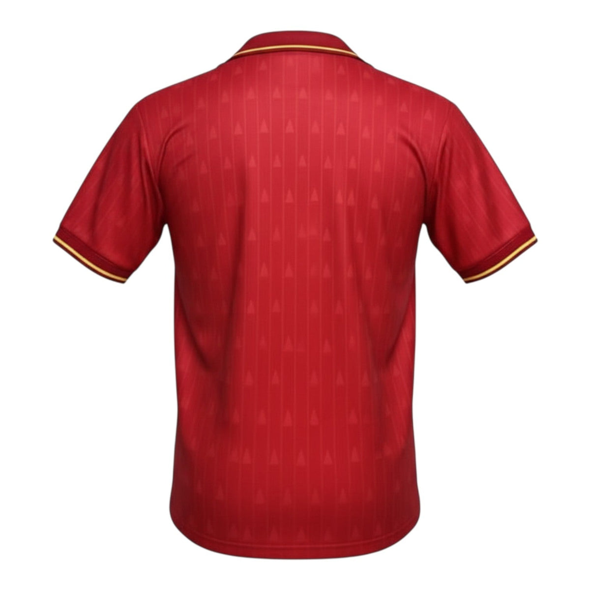 Hinchas Sportswear Store red Spain 1988-91 retro home jersey with jacquard pattern and tricolor trim on collar and cuffs.