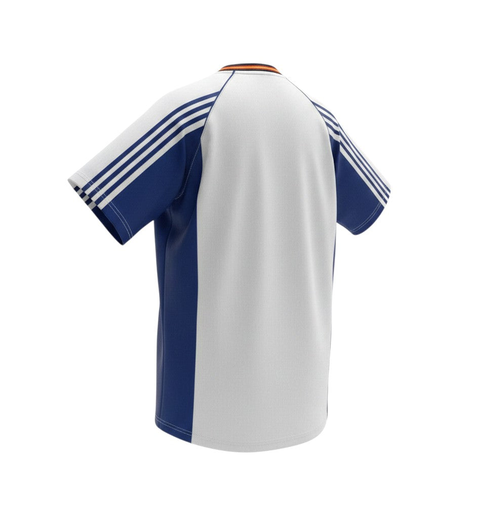 Hinchas Sportswear Store Spain 1998-99 away jersey, white with navy blue panels and sleeves, Adidas stripes, V-neck with tricolor trim.