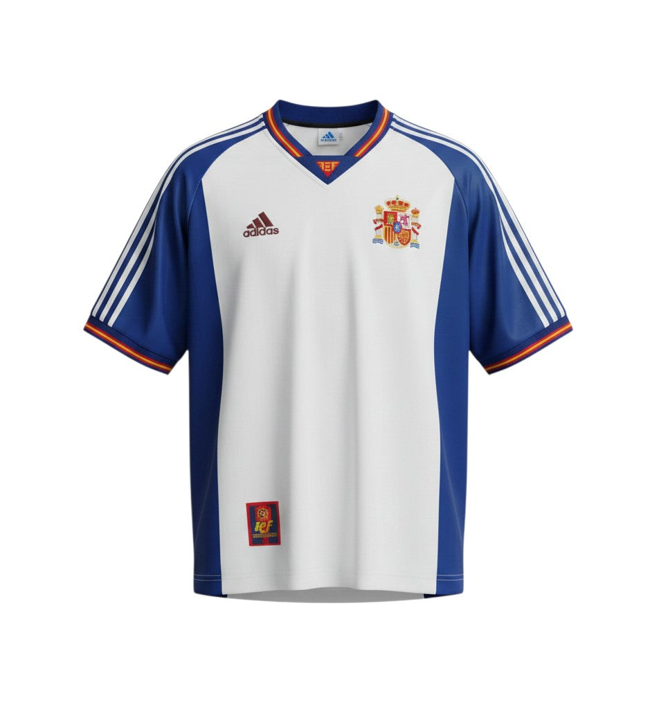 Hinchas Sportswear Store Spain 1998-99 retro away jersey, white with navy blue panels and sleeves, Adidas branding, RFEF crest, and tricolor trim.