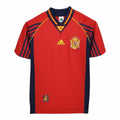 Hinchas Sportswear Store Spain 1998 retro red Adidas football jersey with navy blue accents and yellow trim. Features RFEF crest.