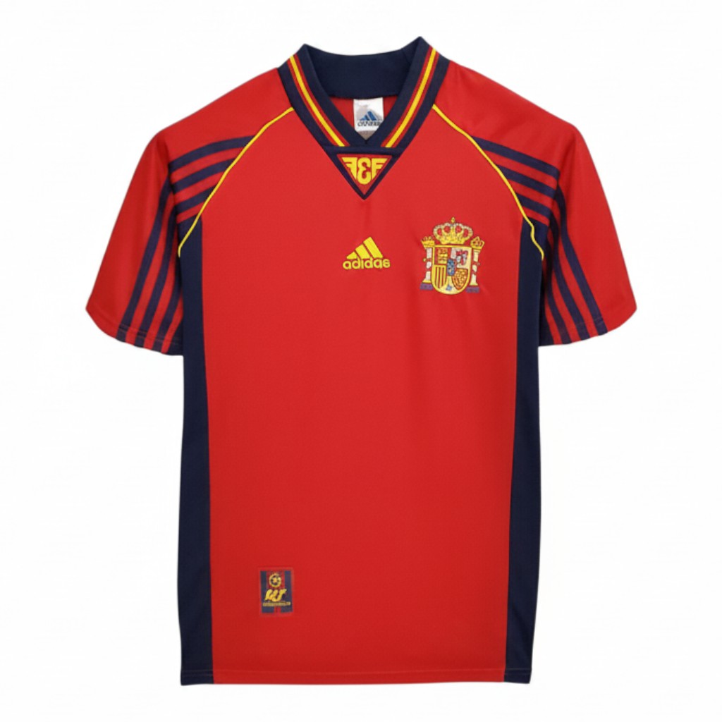 Hinchas Sportswear Store Spain 1998 retro red Adidas football jersey with navy blue accents and yellow trim. Features RFEF crest.