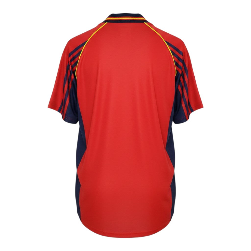 Hinchas Sportswear Store retro Spain 1998 World Cup home jersey, red with navy blue side panels and Adidas stripes, yellow trim.