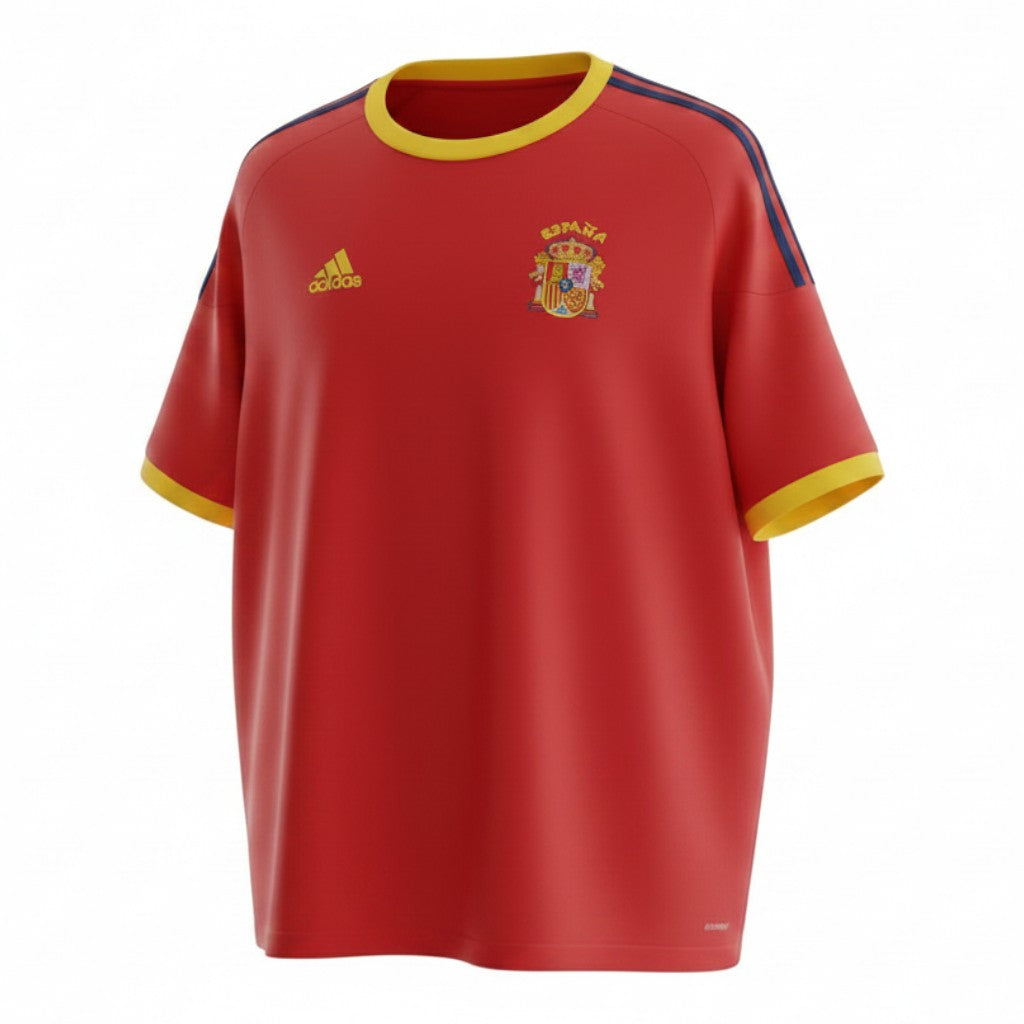 Hinchas Sportswear Store red Spain 2002 World Cup retro Adidas jersey with yellow collar and cuffs, navy stripes, and embroidered crest.