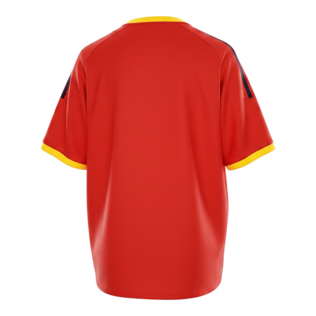 Hinchas Sportswear Store retro Spain 2002 World Cup home jersey in red with yellow collar and cuffs, navy Adidas stripes.