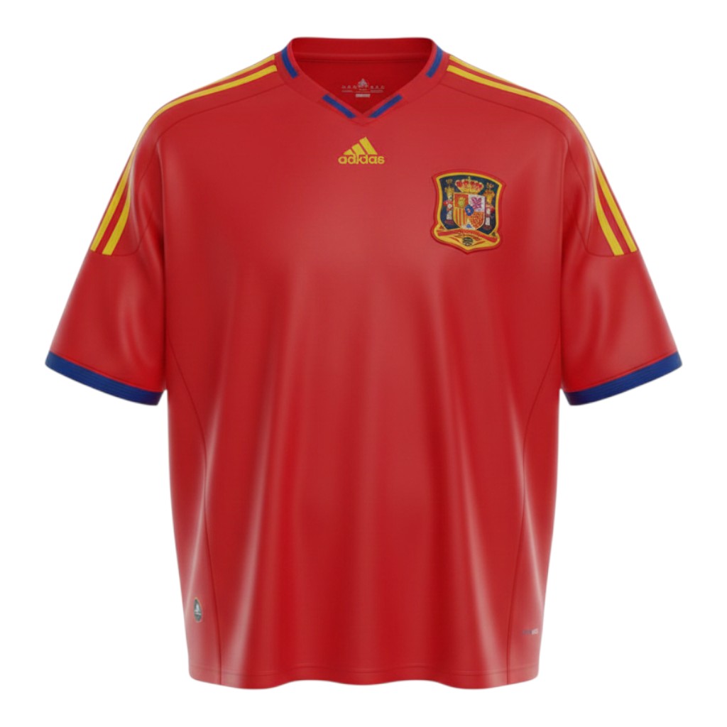 Hinchas Sportswear Store red 2010 Spain World Cup Adidas jersey with yellow stripes and blue trim, featuring the RFEF crest and FIFA patch.