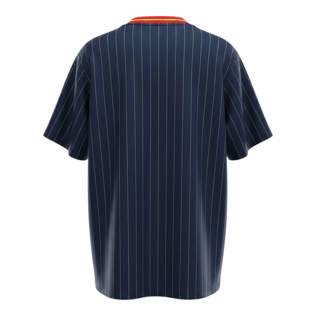 Hinchas Sportswear Store Spain 2026 Adidas Originals jersey, navy blue with white pinstripes, red and yellow collar and sleeve stripes.
