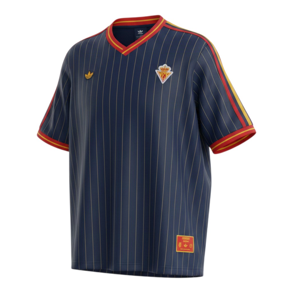 Hinchas Sportswear Store navy blue Spain 2026 Adidas Originals jersey with white pinstripes, red and yellow collar, and embroidered logos.