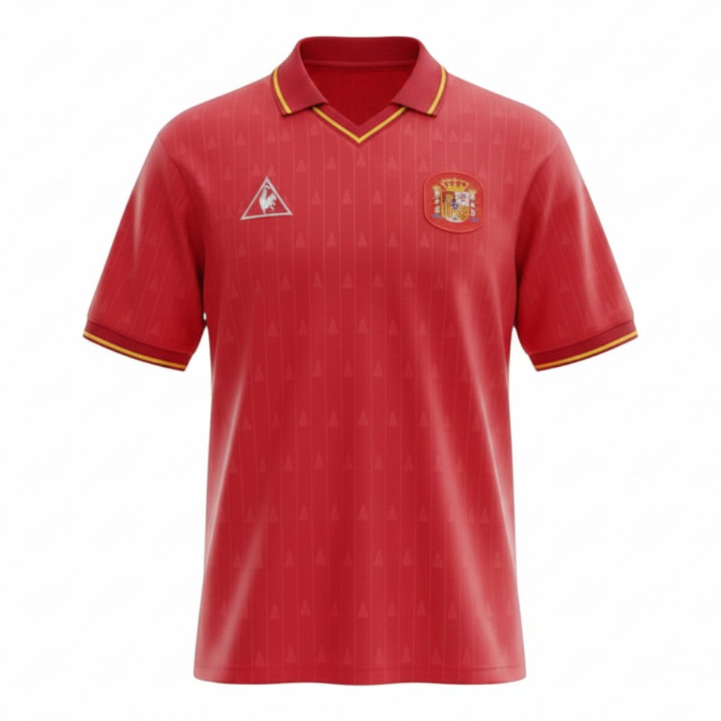 Hinchas Sportswear Store red Spain 1988-91 retro jersey with jacquard pattern, polo collar, and RFEF crest.