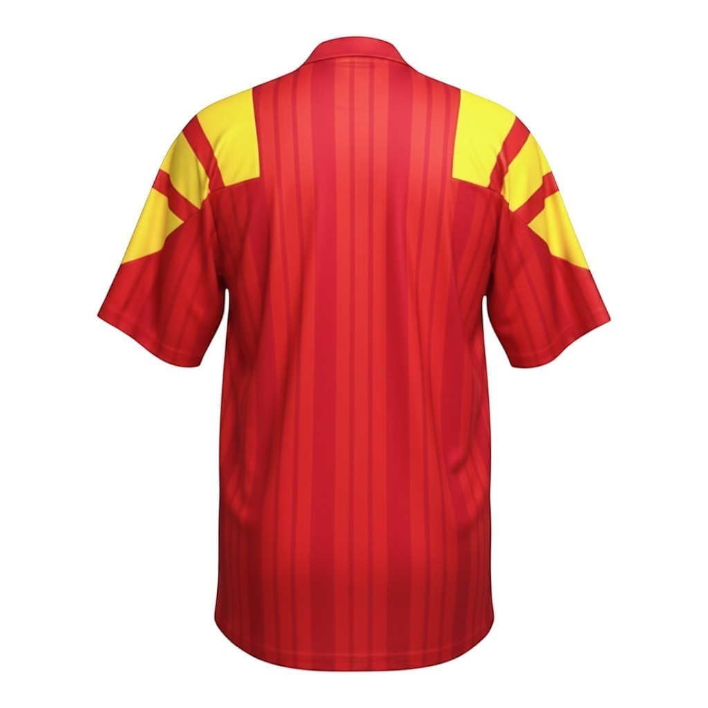 Hinchas Sportswear Store Spain 1992-94 retro red jersey with yellow shoulder panels and vertical pinstripe jacquard pattern.