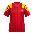 Hinchas Sportswear Store Spain 1992-94 retro red jersey with yellow shoulder panels and vertical pinstripe jacquard pattern.