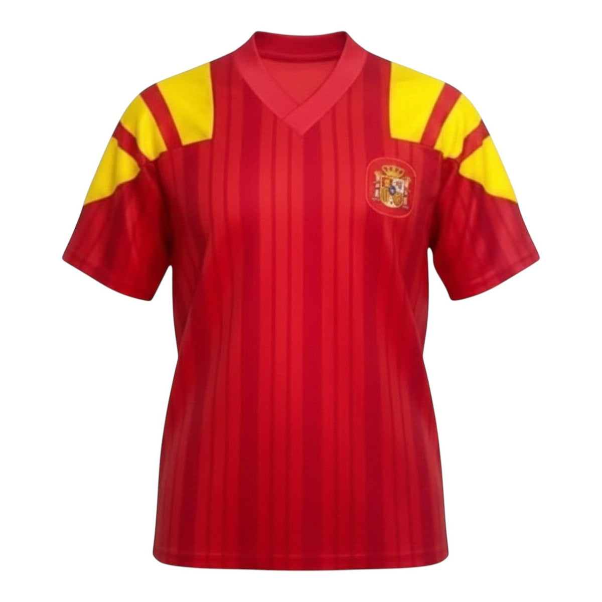 Hinchas Sportswear Store Spain 1992-94 retro red jersey with yellow shoulder panels and vertical pinstripe jacquard pattern.