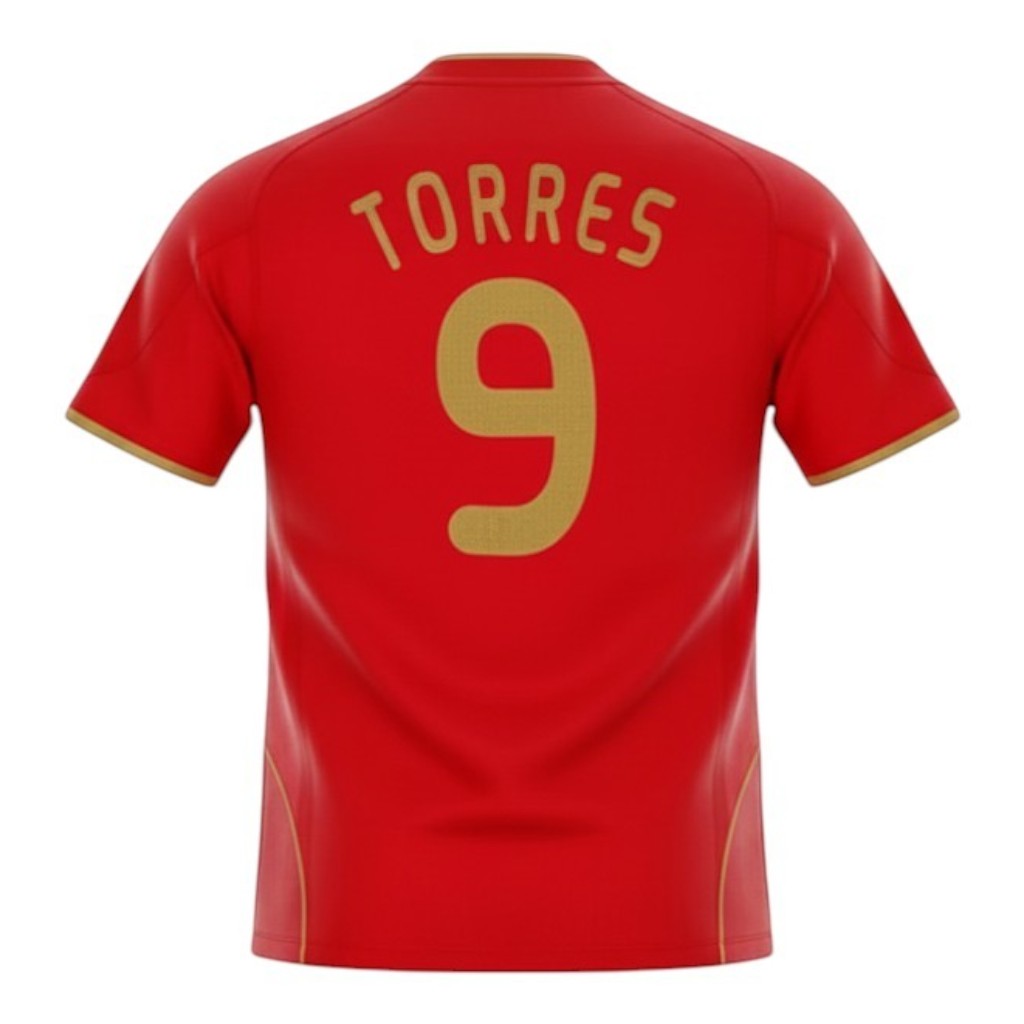 Hinchas Sportswear Store Spain 2008 retro football jersey, red with gold Torres #9 print. Classic football kit.