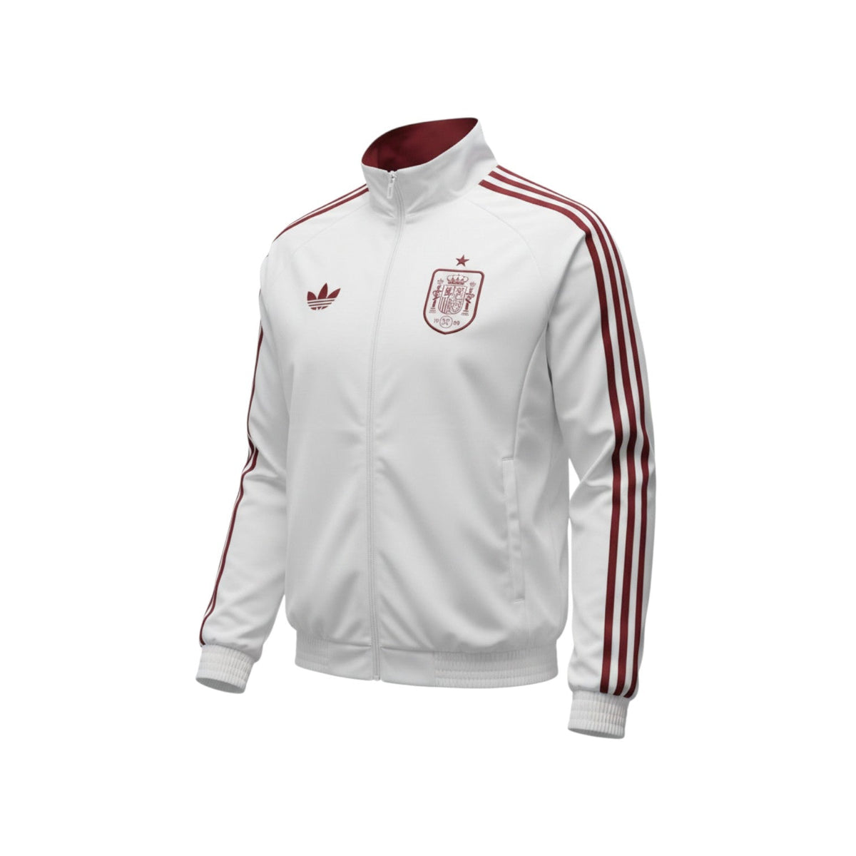 Hinchas Sportswear Store white Adidas Spain training jacket with burgundy stripes and crest. Lightweight polyester windbreaker with full zip and stand-up collar.