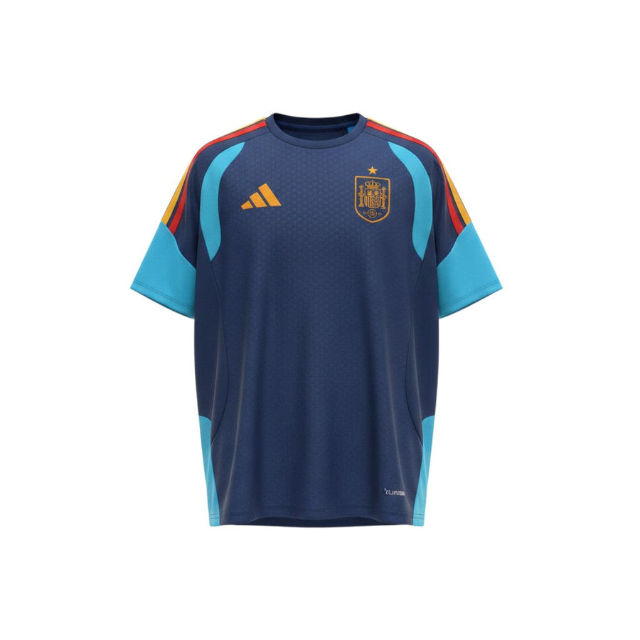 Hinchas Sportswear Store Spain training jersey 2026 navy blue polyester with cyan panels and red/yellow shoulder stripes, Adidas logo and crest.