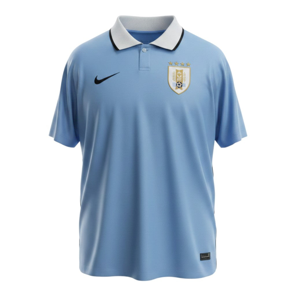 Hinchas Sportswear Store Uruguay 2006 home jersey, sky blue with white polo collar and navy piping. Features AUF crest with 4 stars and Nike Swoosh.
