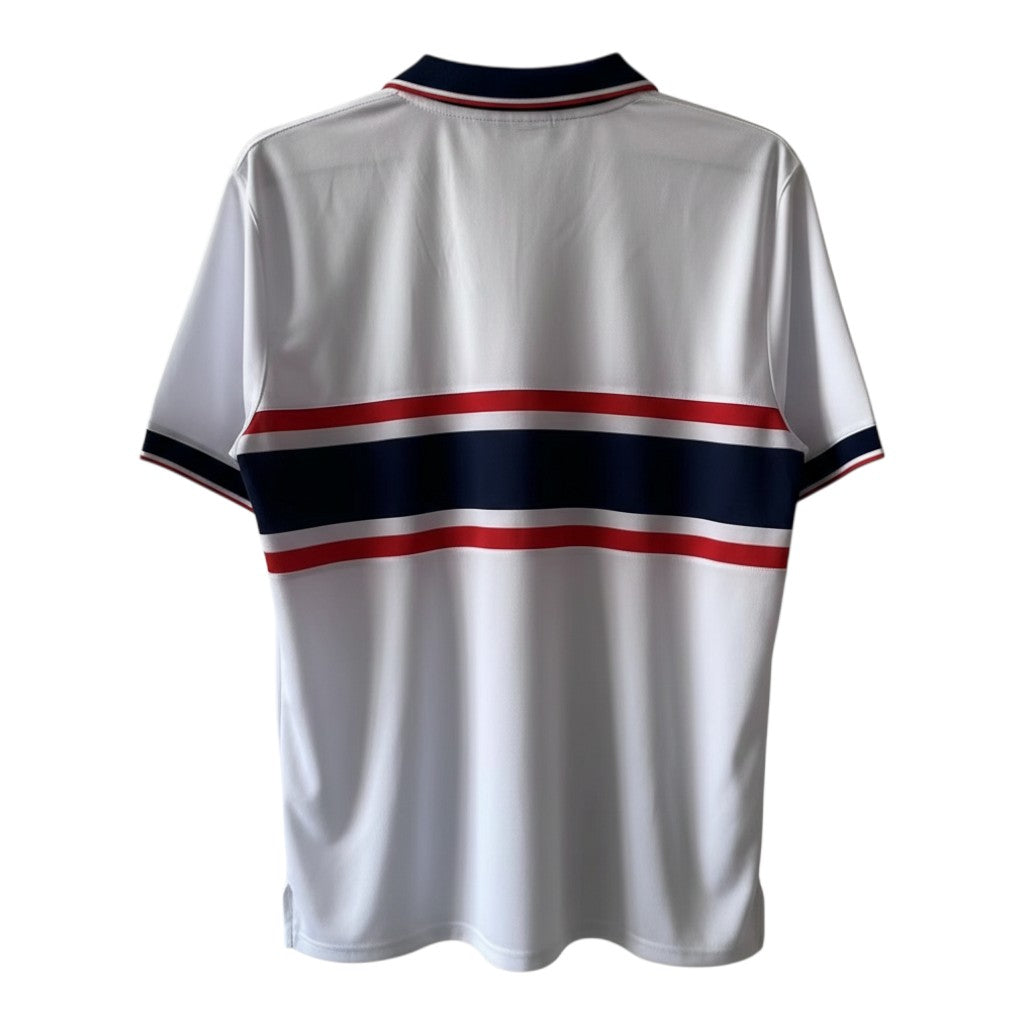 Hinchas Sportswear Store USA 1998 retro soccer jersey, white with navy and red horizontal stripes on chest and cuffs, navy polo collar.