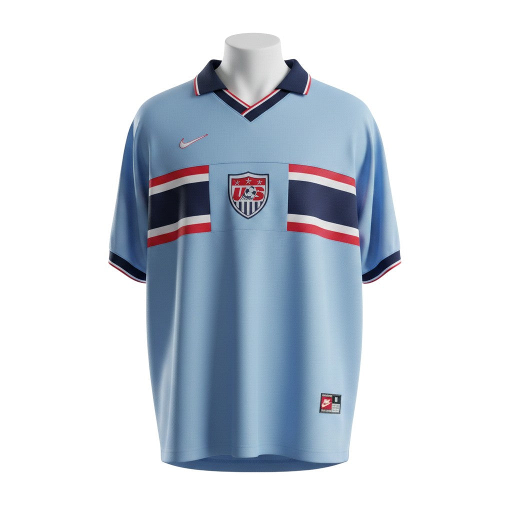 Hinchas Sportswear Store 1998 USA Soccer light blue Nike jersey with navy polo collar, red tipping, and chest crest.