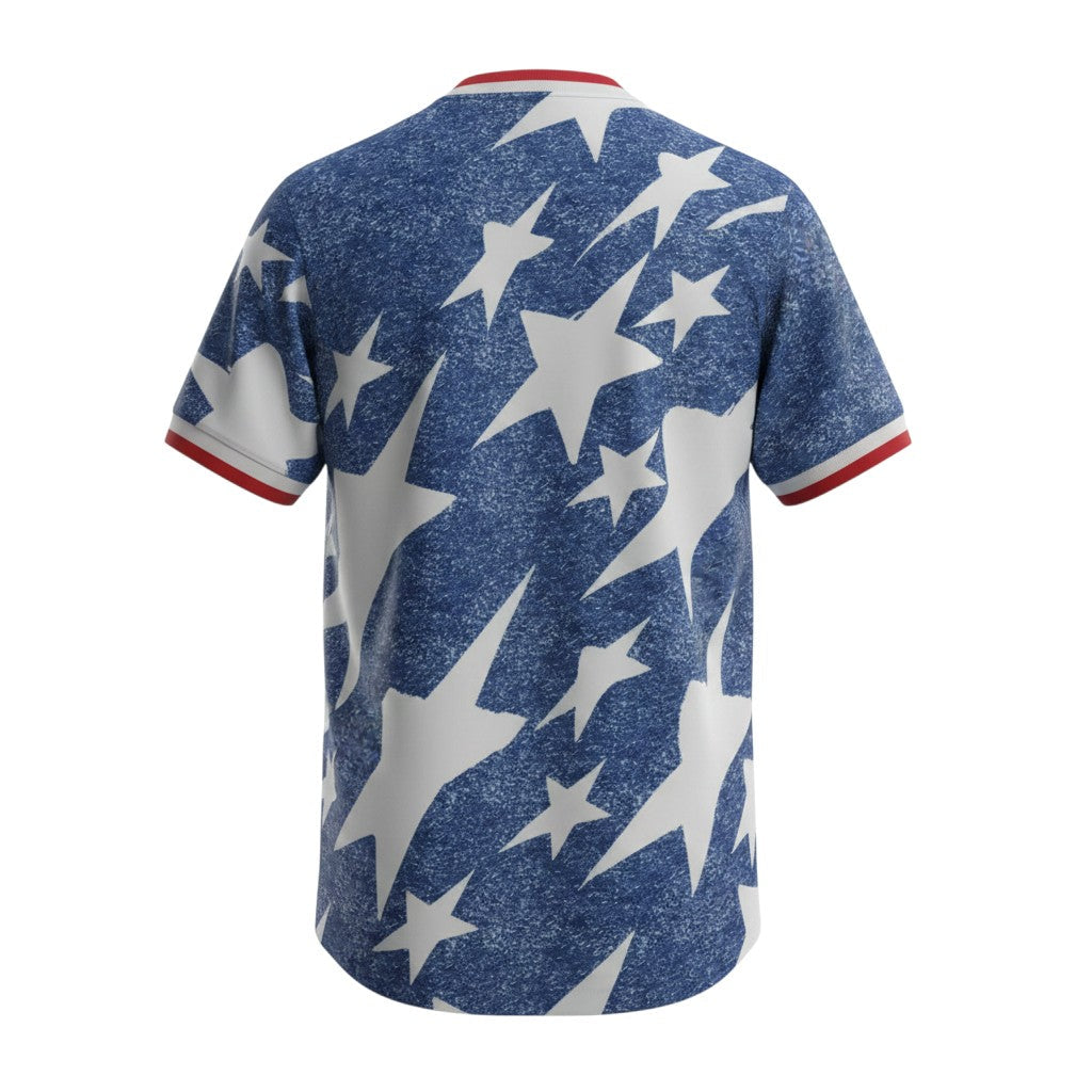 Hinchas Sportswear Store USA 1994 Away Jersey: blue speckled print with oversized white stars, red V-neck collar and cuffs.