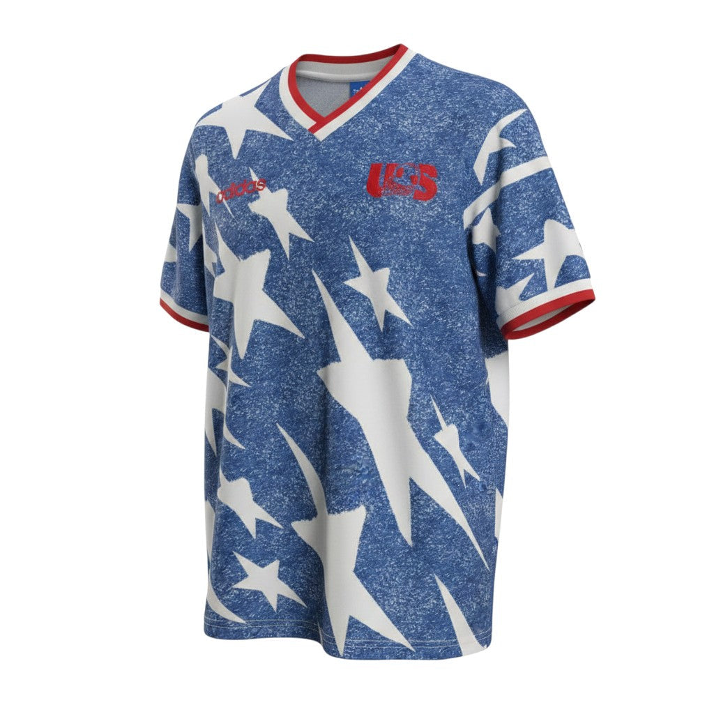 Hinchas Sportswear Store USA 1994 Away Jersey, blue with white stars and red trim, V-neck, short sleeves.