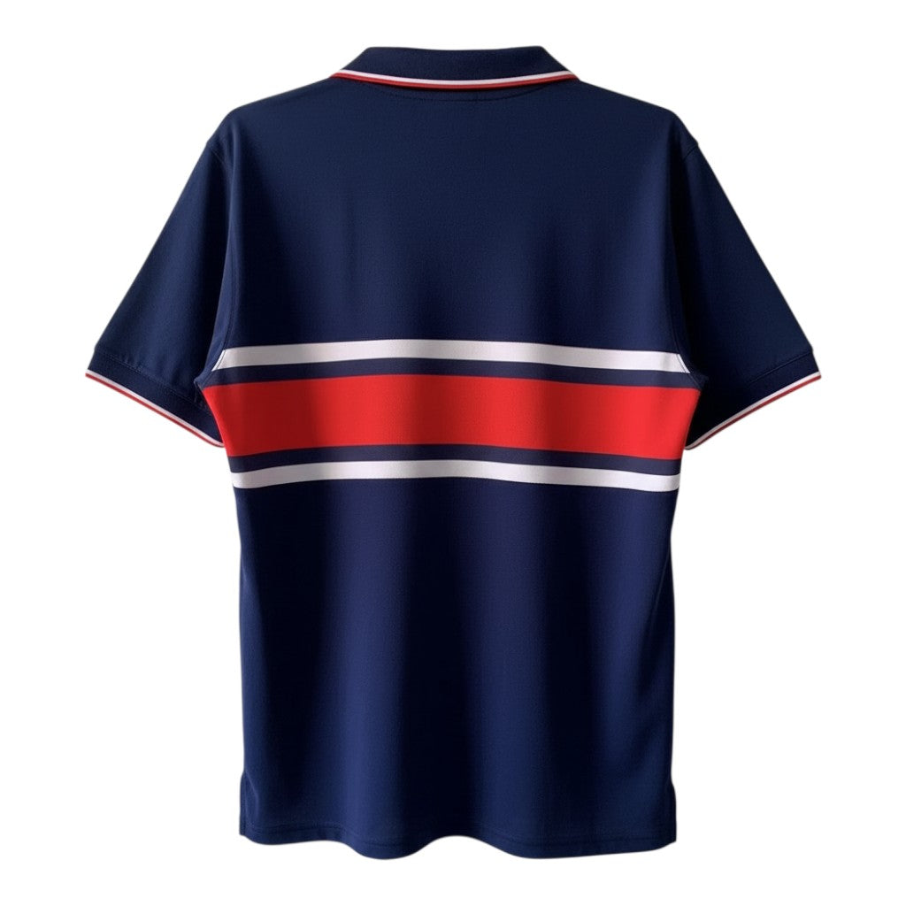Hinchas Sportswear Store navy blue USA 1998 away jersey with red and white horizontal stripes, polo collar, and ribbed cuffs.