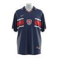 Hinchas Sportswear Store navy blue 1998 USA Away Jersey with red and white stripes, polo collar, and US Soccer crest.