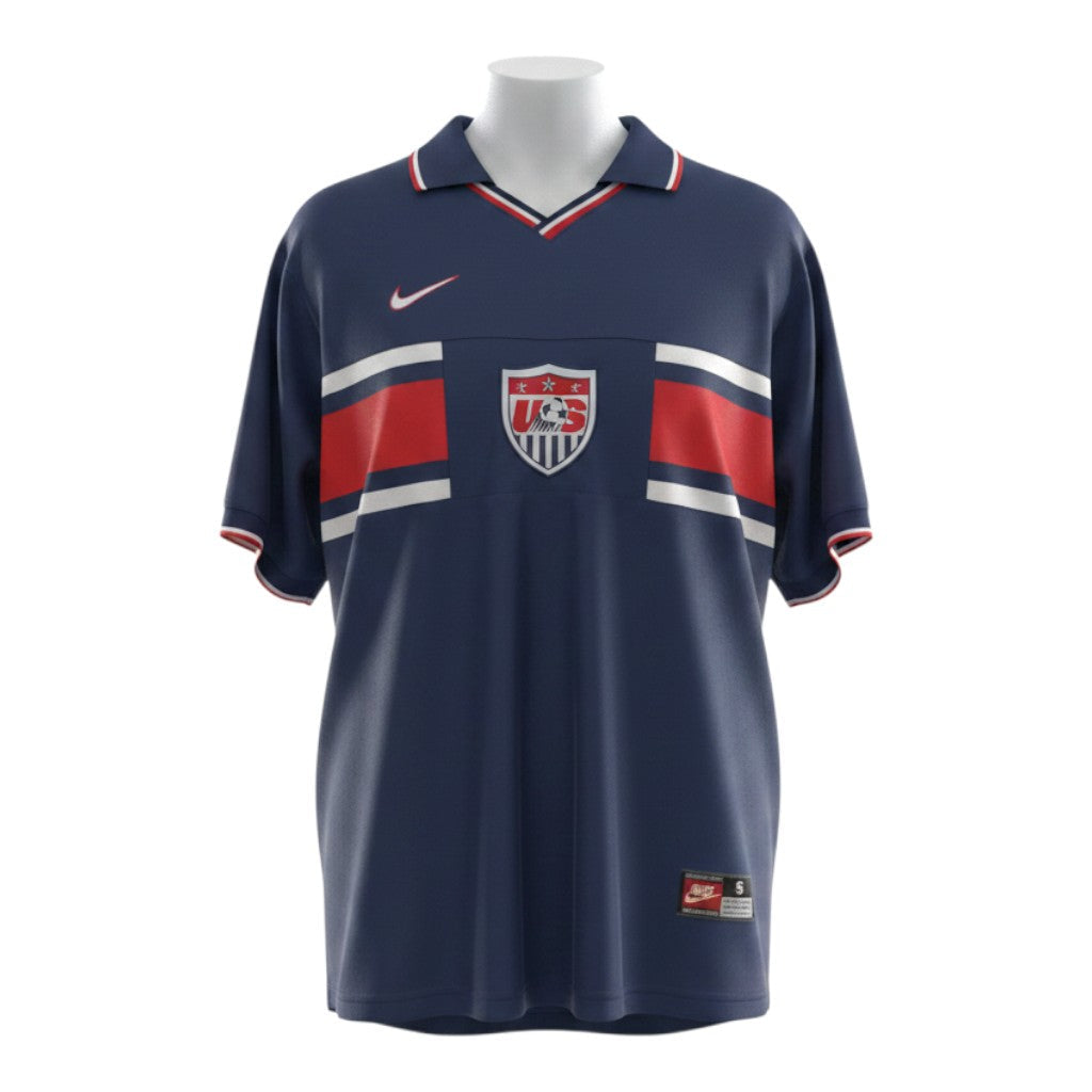 Hinchas Sportswear Store navy blue 1998 USA Away Jersey with red and white stripes, polo collar, and US Soccer crest.