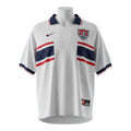 Hinchas Sportswear Store 1998 USA Soccer home jersey, white with navy and red stripes on chest and sleeves, navy polo collar.
