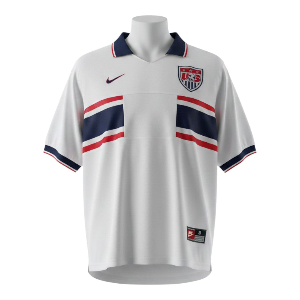 Hinchas Sportswear Store 1998 USA Soccer home jersey, white with navy and red stripes on chest and sleeves, navy polo collar.