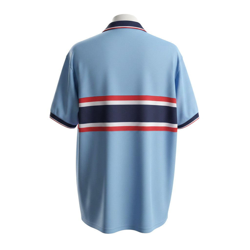 Hinchas Sportswear Store light blue 1998 USA Soccer third jersey with navy and red horizontal stripes and navy polo collar.