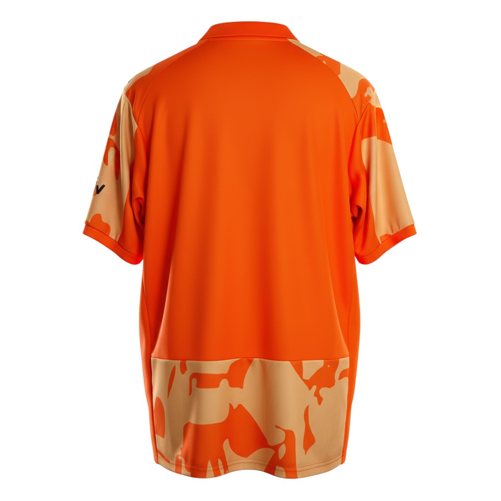 Hinchas Sportswear Store Valencia CF 2025/26 retro away jersey in orange with cream camouflage pattern and polo collar.