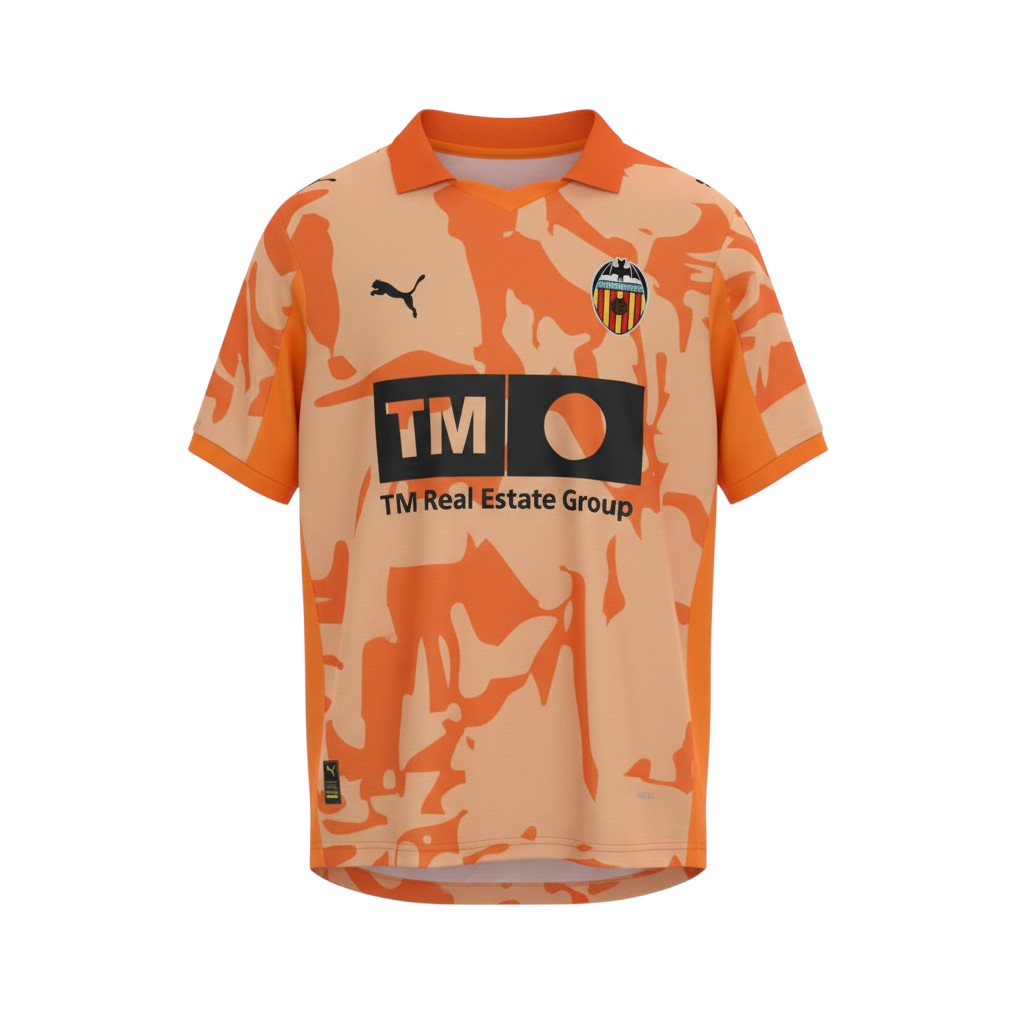Hinchas Sportswear Store Valencia CF 2025/26 retro away jersey in cream with orange camouflage print and polo collar.