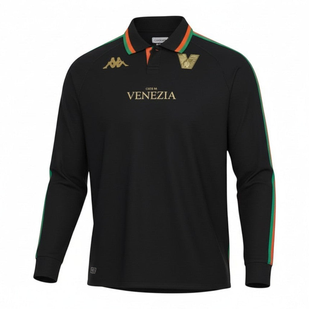 Hinchas Sportswear Store black Venezia FC Kappa long sleeve jersey with orange and green stripes and gold crest.