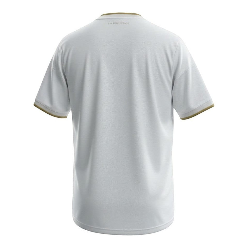 Hinchas Sportswear Store Venezuela 2026 white football jersey with gold trim on collar and sleeves, breathable fabric.
