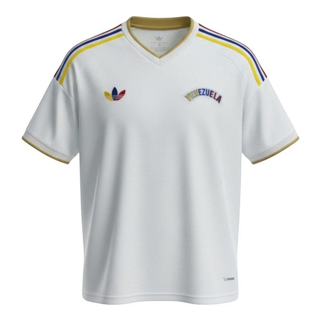 Hinchas Sportswear Store white Venezuela 2026 away jersey with gold trim and colorful stripes on shoulders.