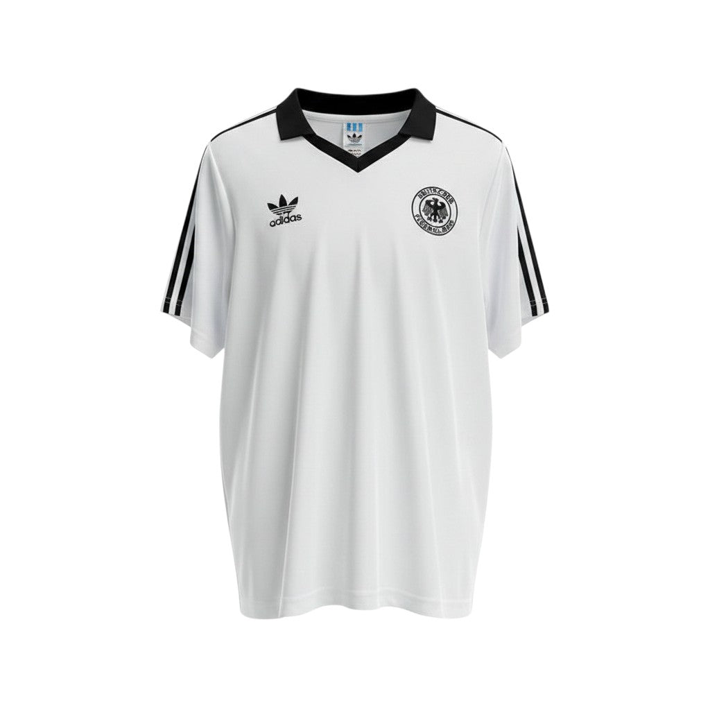 Hinchas Sportswear Store white Adidas West Germany 1980 retro football jersey with black V-neck collar, three stripes, and DFB crest.
