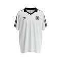 Hinchas Sportswear Store white Adidas West Germany 1980 retro football jersey with black V-neck collar, three stripes, and DFB crest.