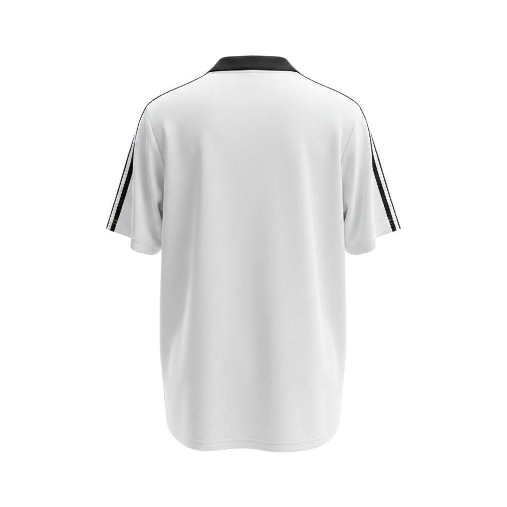 Hinchas Sportswear Store white West Germany 1980 retro Adidas football jersey with black three stripes on shoulders and black collar.