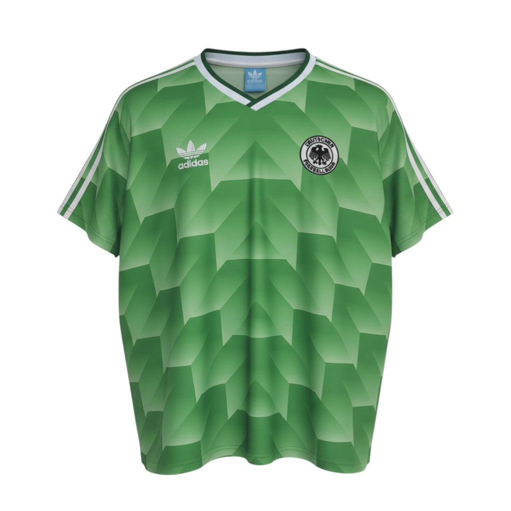 Hinchas Sportswear Store West Germany retro green Adidas Originals 1988 football jersey with geometric pattern and DFB crest.