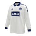Hinchas Sportswear Store white long sleeve Adidas x Oasis retro jersey with navy collar, cuffs, and stripes. Features 'oasis' sponsor print and club crest.