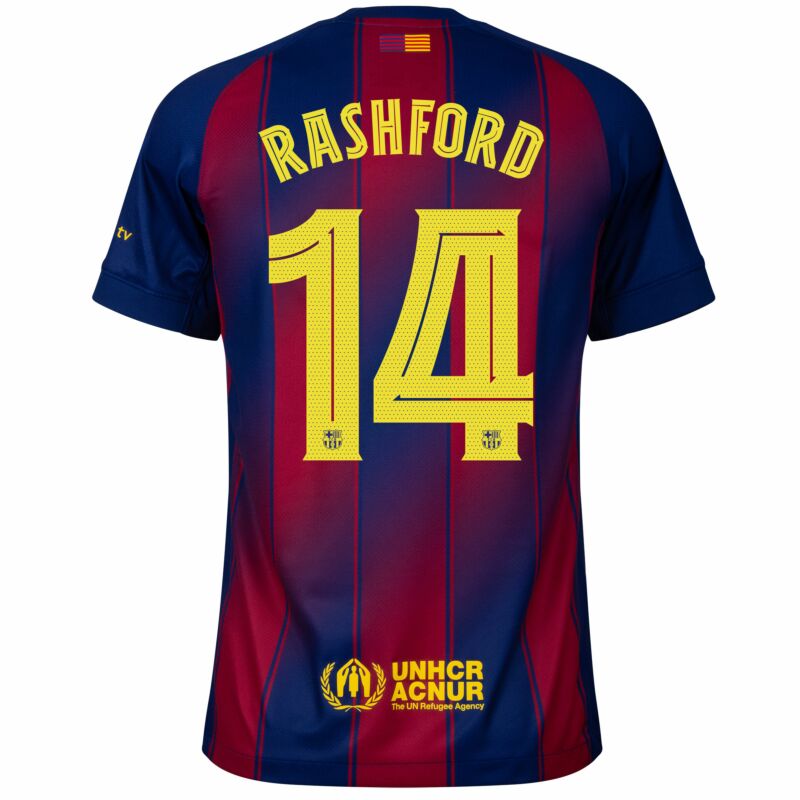 Barcelona Rashford Home Jersey 2025/26 (Champions League) – striped and blue retro football jersey front view