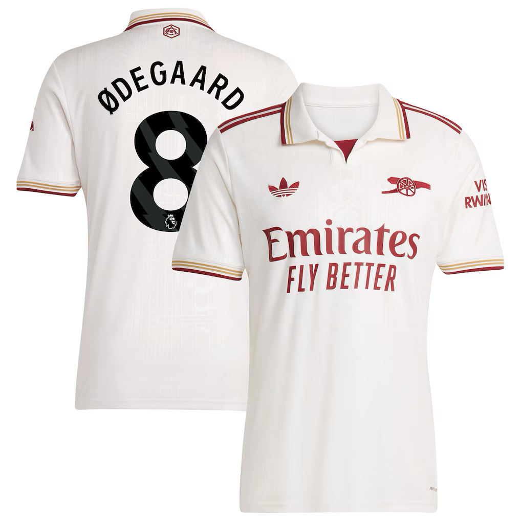 Arsenal Martin Ødegaard Away Jersey 2025/26 (Premier League) – white retro football jersey detail view