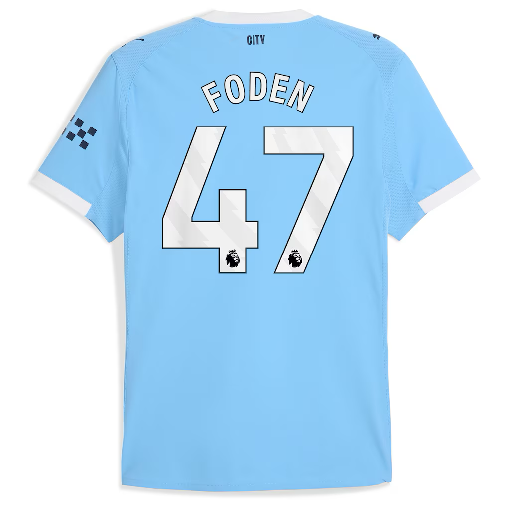 Manchester City Phil Foden Home Jersey 2025/26 (Premier League) – blue and striped retro football jersey front view